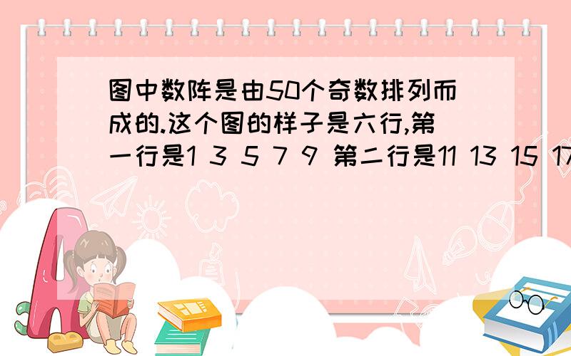 图中数阵是由50个奇数排列而成的.这个图的样子是六行,第一行是1 3 5 7 9 第二行是11 13 15 17 19 第三行是21 23 25 27 29 第四行是31 33 35 37 39 第五行是省略号,第六行91 93 95 97 99 第一个问题是：图中