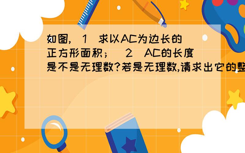 如图,（1）求以AC为边长的正方形面积；（2）AC的长度是不是无理数?若是无理数,请求出它的整数部分.直角三角形AB=2 BC=1 ∠B=90°