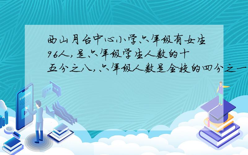 西山月台中心小学六年级有女生96人,是六年级学生人数的十五分之八,六年级人数是全校的四分之一,金佛寺中学巩共有多少人?