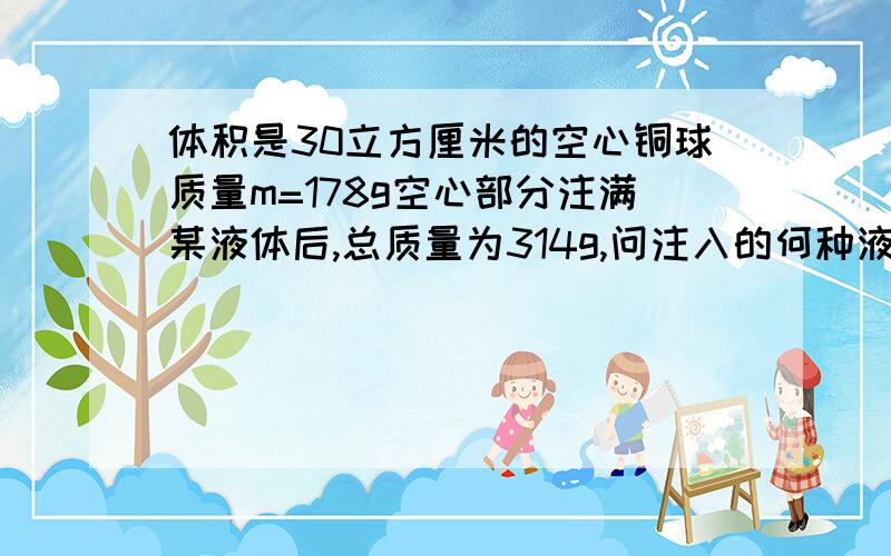 体积是30立方厘米的空心铜球质量m=178g空心部分注满某液体后,总质量为314g,问注入的何种液体?