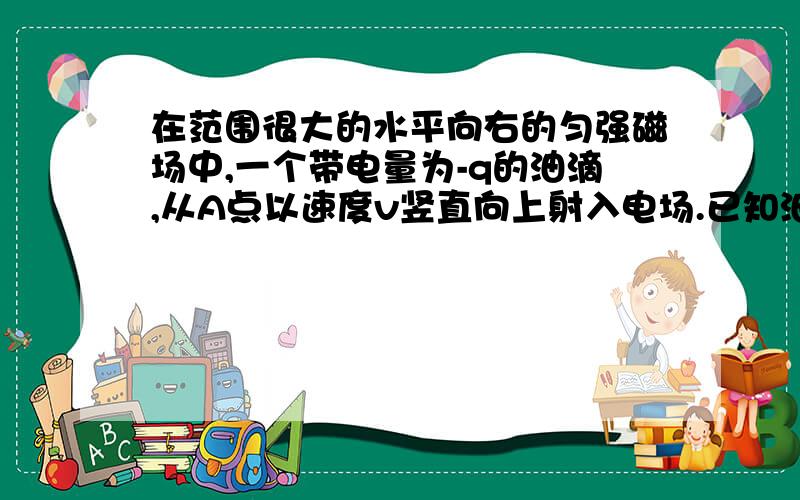 在范围很大的水平向右的匀强磁场中,一个带电量为-q的油滴,从A点以速度v竖直向上射入电场.已知油滴质量为m,重力加速度为g.当油滴到达运动轨迹的最高点时,测得它的速度大小恰巧为v/2,则（