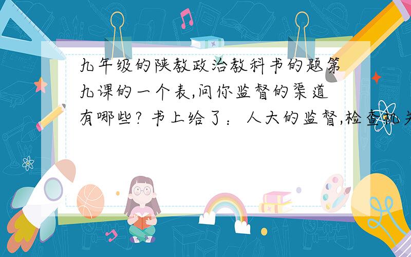 九年级的陕教政治教科书的题第九课的一个表,问你监督的渠道有哪些? 书上给了：人大的监督,检查机关的监督,还要写7个不同的监督渠道