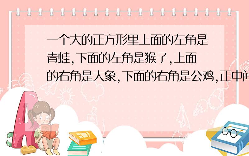 一个大的正方形里上面的左角是青蛙,下面的左角是猴子,上面的右角是大象,下面的右角是公鸡,正中间是小问,在图中画一个正方形,把他们彼此都分开?