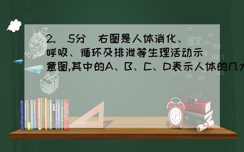 2.（5分）右图是人体消化、呼吸、循环及排泄等生理活动示意图,其中的A、B、C、D表示人体的几大系统.①、②、③、④、⑤表示人体的某些生理过程.请据图回答下列问题.（1）在A系统内,完