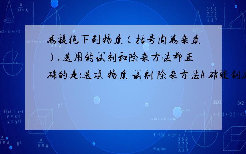 为提纯下列物质（括号内为杂质）,选用的试剂和除杂方法都正确的是：选项 物质 试剂 除杂方法A 硝酸铜溶液（硝酸银） 铜粉 结晶B 二氧化碳（氯化氢） 饱和碳酸钠溶液 洗气C 乙醇（水）