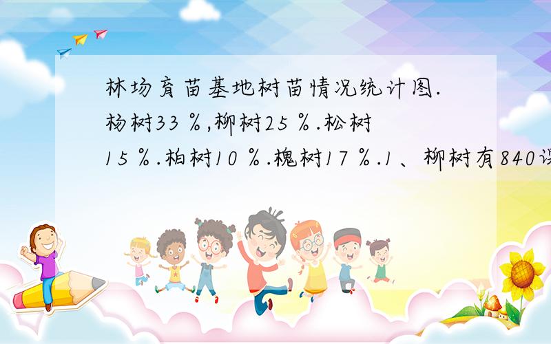 林场育苗基地树苗情况统计图.杨树33％,柳树25％.松树15％.柏树10％.槐树17％.1、柳树有840课,这些树苗的总数是多少棵?2、松树比柏树多百分之几?3、你还能提出什么数学问题?并解答出来.