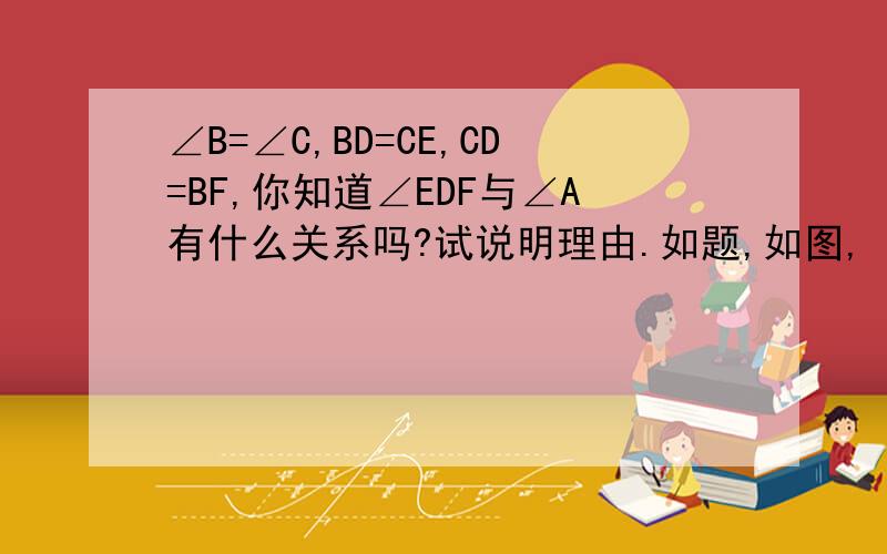 ∠B=∠C,BD=CE,CD=BF,你知道∠EDF与∠A有什么关系吗?试说明理由.如题,如图,