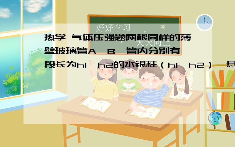 热学 气体压强题两根同样的薄壁玻璃管A、B,管内分别有一段长为h1、h2的水银柱（h1＜h2）,悬挂在弹簧秤下,开口向下倒插在水银槽中（管口与水银槽底不接触,且玻璃管中封闭有少量气体）,此