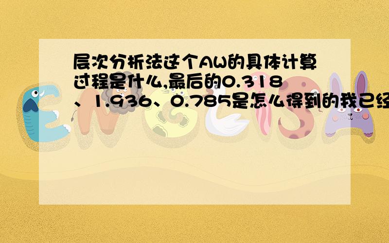 层次分析法这个AW的具体计算过程是什么,最后的0.318、1.936、0.785是怎么得到的我已经知道答案了