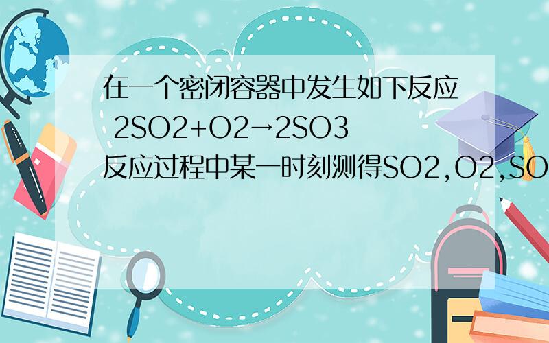 在一个密闭容器中发生如下反应 2SO2+O2→2SO3 反应过程中某一时刻测得SO2,O2,SO3在一个密闭容器中发生如下反应 2SO2+O2→2SO3 反应过程中某一时刻测得SO2,O2,SO3浓度分别为0.2mol/L,0.2mol/L,0.2mol/L 当反