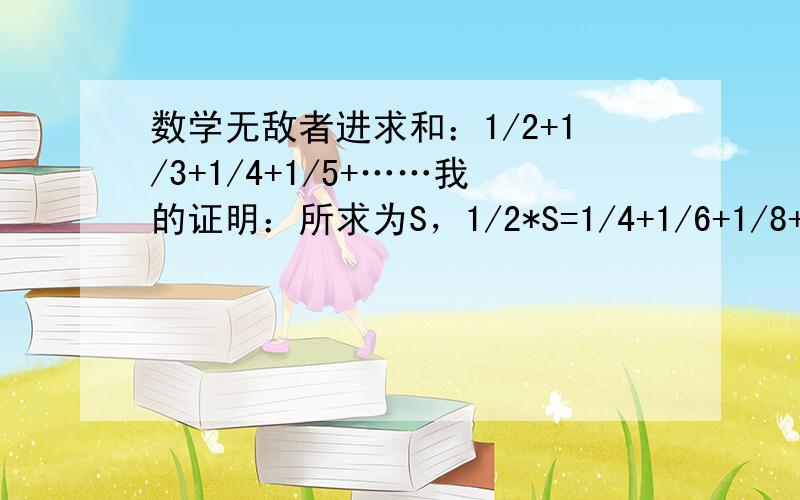 数学无敌者进求和：1/2+1/3+1/4+1/5+……我的证明：所求为S，1/2*S=1/4+1/6+1/8+……，①S-①：1/2*S=1/2+1/3+1/5+1/7+1/9+……，明显①≠②