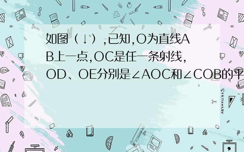 如图（↓）,已知,O为直线AB上一点,OC是任一条射线,OD、OE分别是∠AOC和∠COB的平分线（1）若∠BOC=72°,求∠COD与∠EOC的度数.（2）∠COD与∠EOC有什么关系?图片：?t=1329223637890