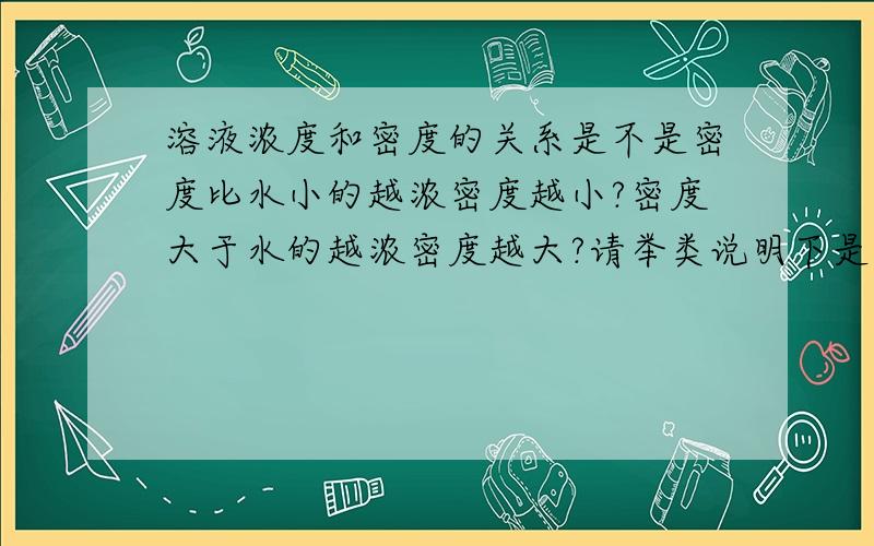 溶液浓度和密度的关系是不是密度比水小的越浓密度越小?密度大于水的越浓密度越大?请举类说明下是不是所有?不是的话举出特例