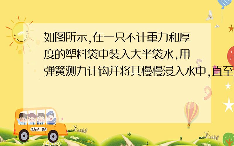 如图所示,在一只不计重力和厚度的塑料袋中装入大半袋水,用弹簧测力计钩并将其慢慢浸入水中,直至塑料袋中的水面与容器中的水面相平.此过程中弹簧测力计的示数A．逐渐减小到零B．先减