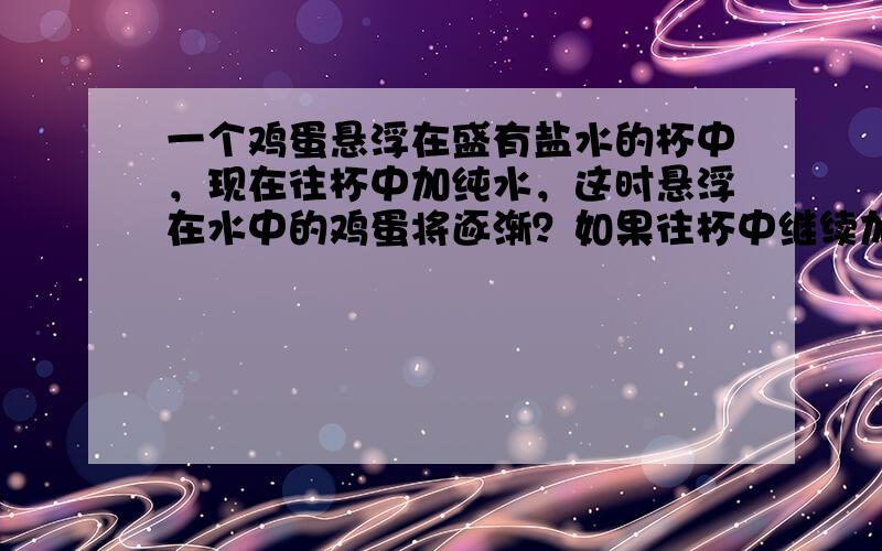 一个鸡蛋悬浮在盛有盐水的杯中，现在往杯中加纯水，这时悬浮在水中的鸡蛋将逐渐？如果往杯中继续加盐使其溶化，鸡蛋将逐渐？密度是0.6×10³kg/m³的木块，体积是4m³。当它浮在