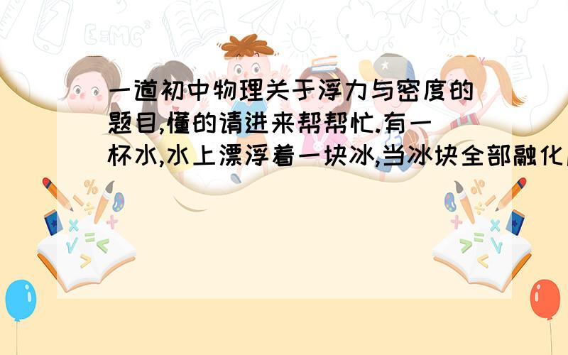 一道初中物理关于浮力与密度的题目,懂的请进来帮帮忙.有一杯水,水上漂浮着一块冰,当冰块全部融化后,杯中水面的位置将（ ）A.上升 B.下降 C.不变 D.都有可能答案是选C,可是为什么呢,不是