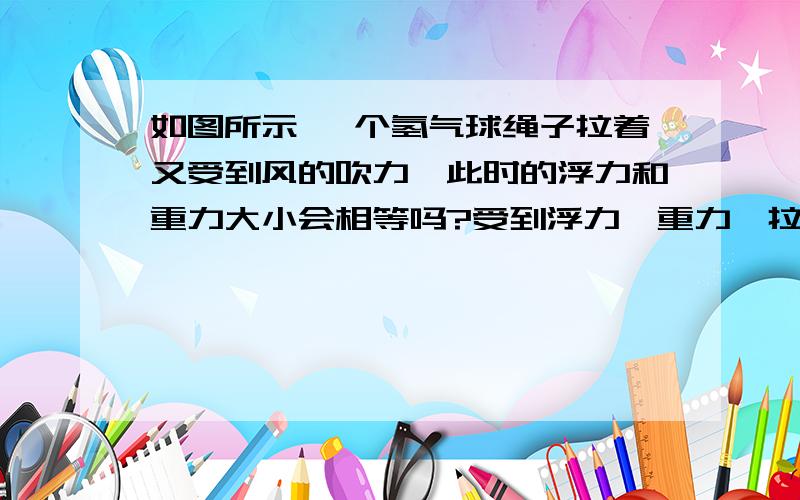 如图所示 一个氢气球绳子拉着又受到风的吹力,此时的浮力和重力大小会相等吗?受到浮力、重力、拉力、风力四个力,但是答案上提供的都是浮力和重力相等,到底这两个力相等?