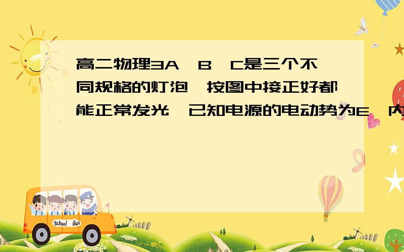 高二物理3A、B、C是三个不同规格的灯泡,按图中接正好都能正常发光,已知电源的电动势为E,内电阻为r,将滑动变阻器的滑片P向左移动,则三个灯亮度怎样变化?