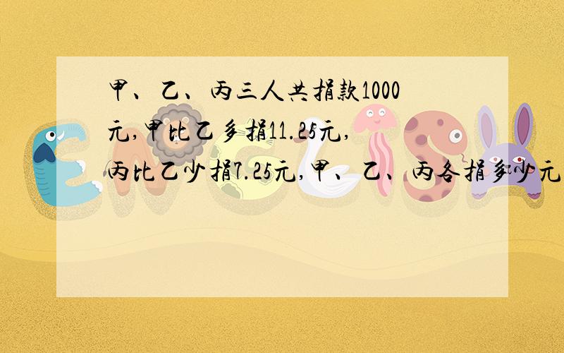 甲、乙、丙三人共捐款1000元,甲比乙多捐11.25元,丙比乙少捐7.25元,甲、乙、丙各捐多少元?