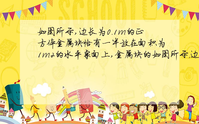 如图所示,边长为0.1m的正方体金属块恰有一半放在面积为1m2的水平桌面上,金属块的如图所示，边长为0.1m的正方体金属块恰有一半放在面积为1m2的水平桌面上,金属块的密度为5×103kg/m3，当金属