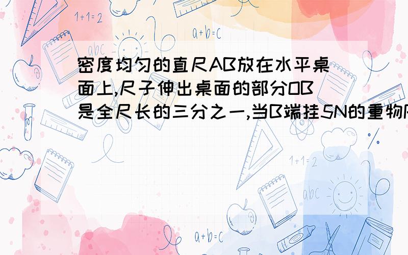 密度均匀的直尺AB放在水平桌面上,尺子伸出桌面的部分OB是全尺长的三分之一,当B端挂5N的重物P是,直尺的A端刚刚开始翘起,如图所示,则此直尺受到的重力是多少?为什么力的作用点在直尺的中