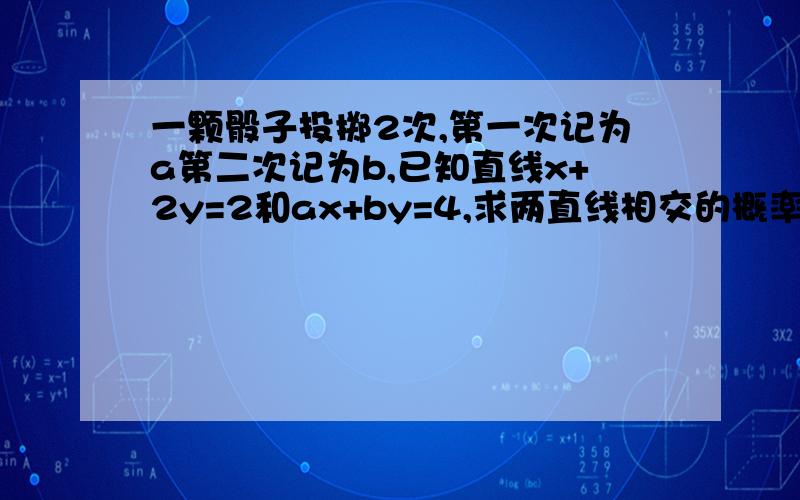 一颗骰子投掷2次,第一次记为a第二次记为b,已知直线x+2y=2和ax+by=4,求两直线相交的概率?我是...一颗骰子投掷2次,第一次记为a第二次记为b,已知直线x+2y=2和ax+by=4,求两直线相交的概率?我是用对立