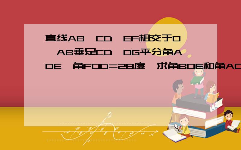 直线AB,CD,EF相交于O,AB垂足CD,OG平分角AOE,角FOD=28度,求角BOE和角AOG的度数