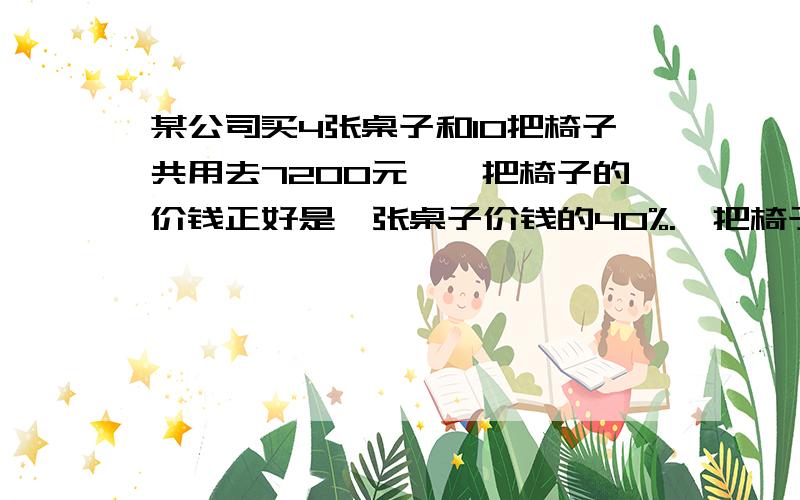 某公司买4张桌子和10把椅子共用去7200元,一把椅子的价钱正好是一张桌子价钱的40%.一把椅子和一张桌子各多少元?