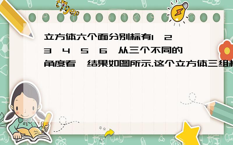 立方体六个面分别标有1,2,3,4,5,6,从三个不同的角度看,结果如图所示.这个立方体三组相对的面所标的数字分别是：（　）和（　）,（　）和（　）,（　）和（　）.　如下图：请说原因等您