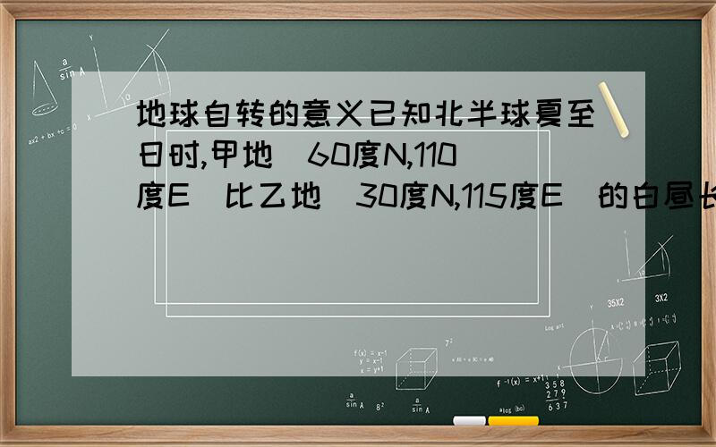 地球自转的意义已知北半球夏至日时,甲地(60度N,110度E)比乙地(30度N,115度E)的白昼长56分钟,则甲地比乙地1.日出早28分钟2.日出早56分钟3.4.日落迟48分钟