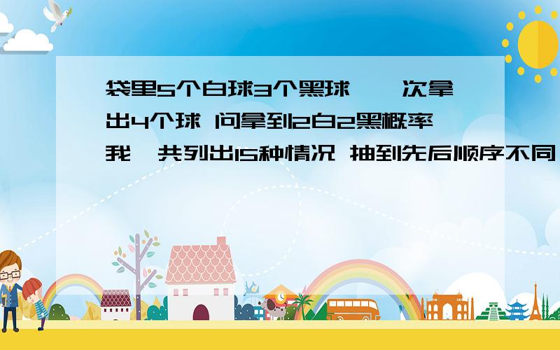 袋里5个白球3个黑球,一次拿出4个球 问拿到2白2黑概率我一共列出15种情况 抽到先后顺序不同 但概率根本没法求啊现在我们学的是 互补事件和对立事件