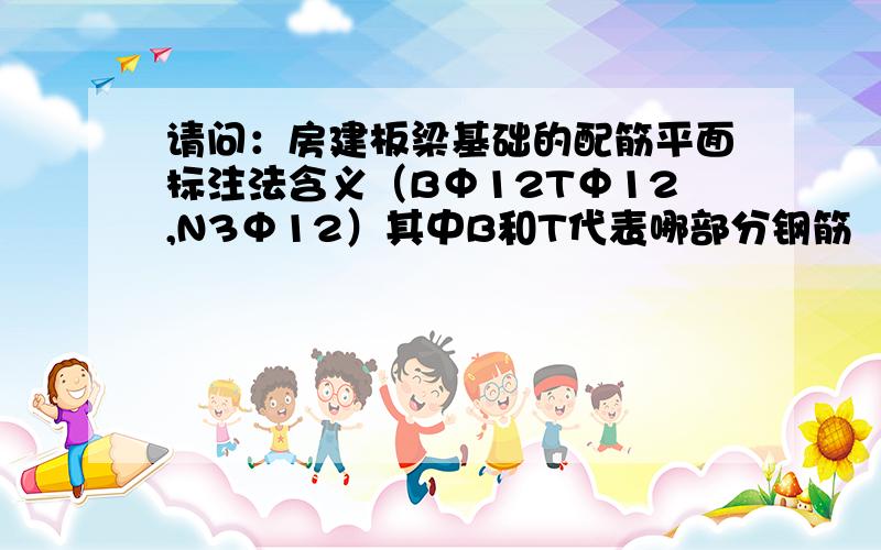 请问：房建板梁基础的配筋平面标注法含义（BΦ12TΦ12,N3Φ12）其中B和T代表哪部分钢筋