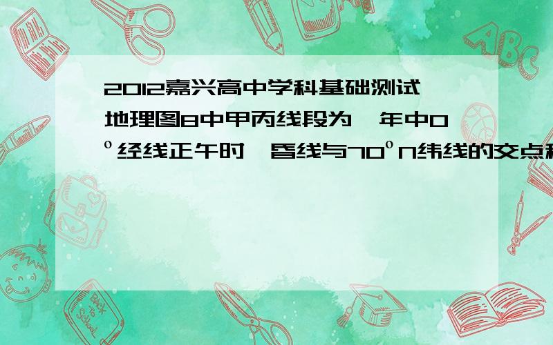 2012嘉兴高中学科基础测试地理图8中甲丙线段为一年中0º经线正午时,昏线与70ºN纬线的交点移动轨迹.据此完成23~24题.23．乙地经度为   A．30ºE     B．90ºW                 C．90ºE