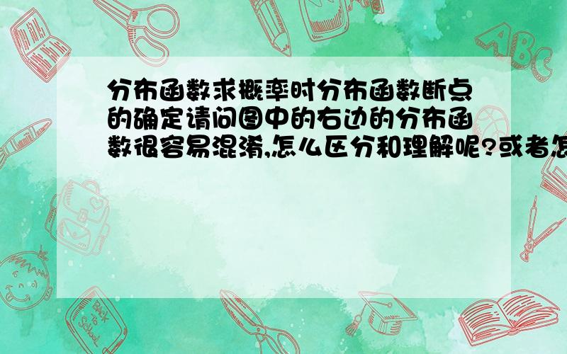 分布函数求概率时分布函数断点的确定请问图中的右边的分布函数很容易混淆,怎么区分和理解呢?或者怎样记到才不会忘呢?尤其是6到9这几个公式?