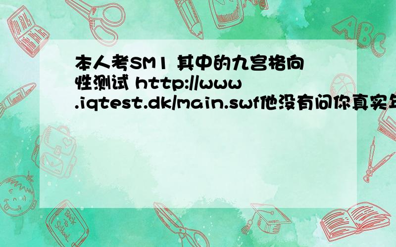 本人考SM1 其中的九宫格向性测试 http://www.iqtest.dk/main.swf他没有问你真实年龄是如何得出你的智商的