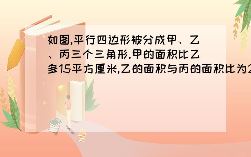 如图,平行四边形被分成甲、乙、丙三个三角形.甲的面积比乙多15平方厘米,乙的面积与丙的面积比为2：3.求平行四边形的面积.