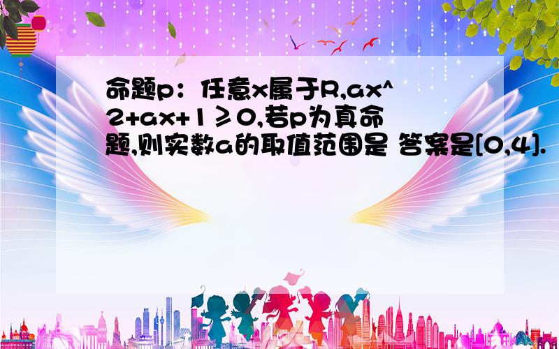 命题p：任意x属于R,ax^2+ax+1≥0,若p为真命题,则实数a的取值范围是 答案是[0,4].