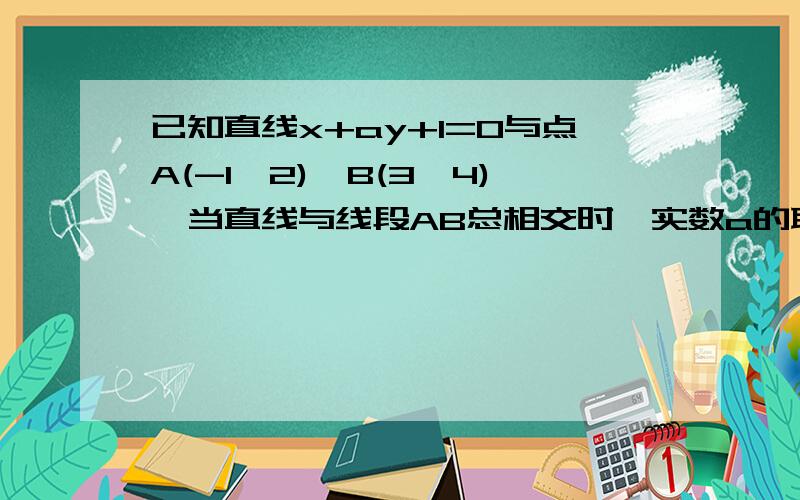 已知直线x+ay+1=0与点A(-1,2),B(3,4),当直线与线段AB总相交时,实数a的取值范围是