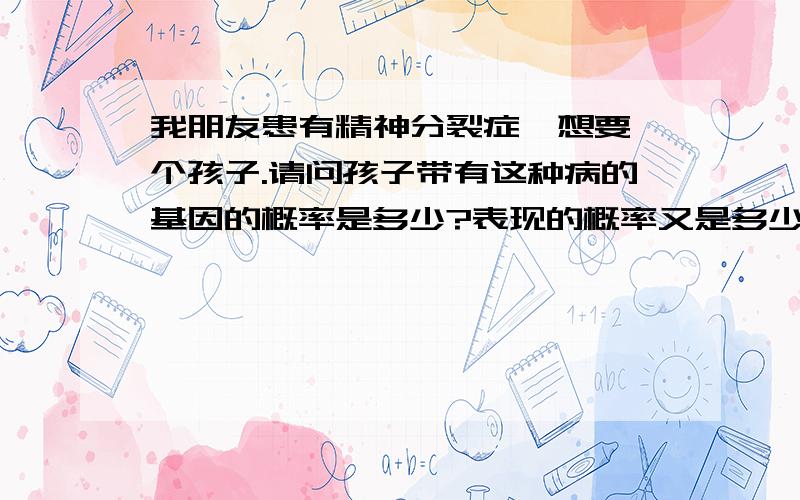 我朋友患有精神分裂症,想要一个孩子.请问孩子带有这种病的基因的概率是多少?表现的概率又是多少?患者信息：女 38岁