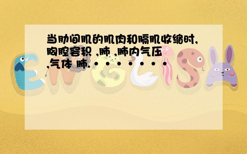 当肋间肌的肌肉和膈肌收缩时,胸腔容积 ,肺 ,肺内气压 ,气体 肺.·······