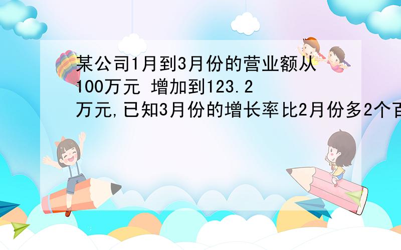 某公司1月到3月份的营业额从100万元 增加到123.2万元,已知3月份的增长率比2月份多2个百分点（即2％）求2月份的增长率