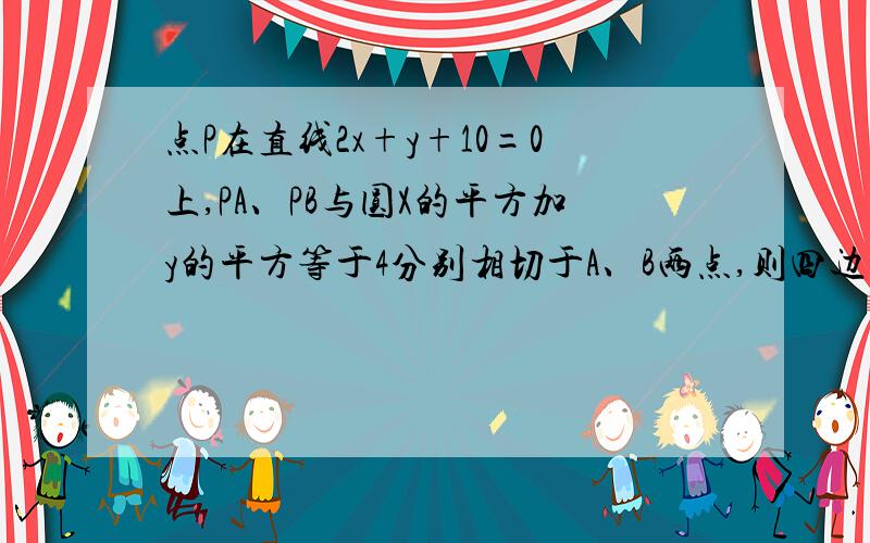 点P在直线2x+y+10=0上,PA、PB与圆X的平方加y的平方等于4分别相切于A、B两点,则四边形PAOB的圆面积的最小值为