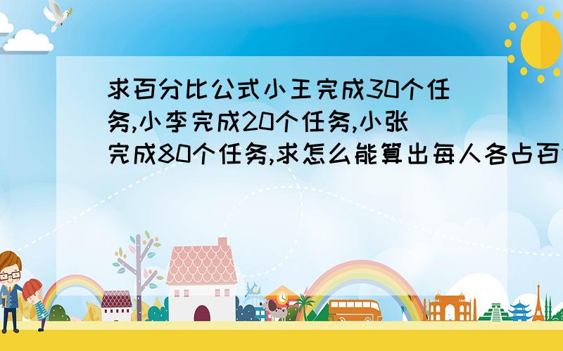 求百分比公式小王完成30个任务,小李完成20个任务,小张完成80个任务,求怎么能算出每人各占百分之多少?