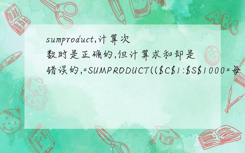 sumproduct,计算次数时是正确的,但计算求和却是错误的,=SUMPRODUCT(($C$1:$S$1000=每日分析!H2)*($B$1:$S$1000>=每日分析!A3)*(总还车记录!$H$1:$H$1000