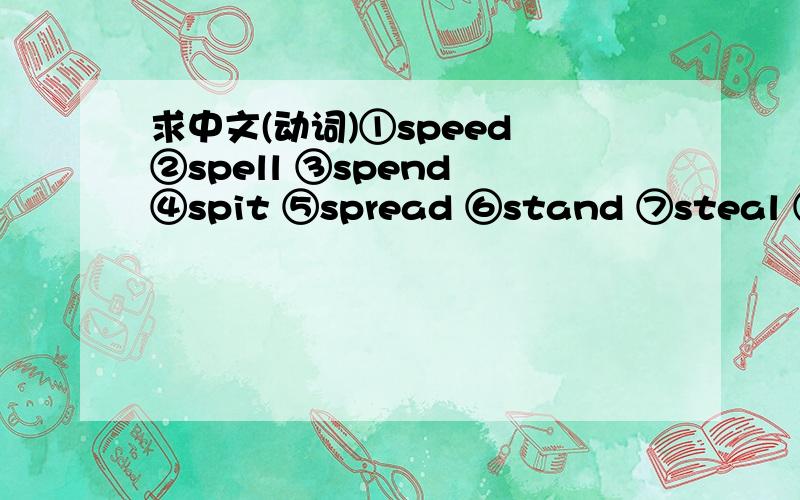 求中文(动词)①speed ②spell ③spend ④spit ⑤spread ⑥stand ⑦steal ⑧stick ⑨sweep ⑩take11.  tell 12. wake 13. wear 14.  win