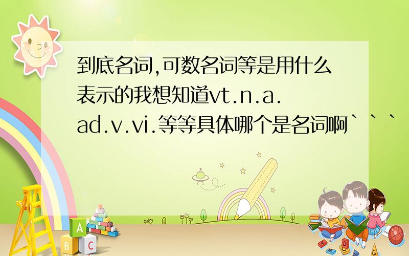 到底名词,可数名词等是用什么表示的我想知道vt.n.a.ad.v.vi.等等具体哪个是名词啊```   什么的!     我记不是很清楚            有谁知道的帮帮忙喽