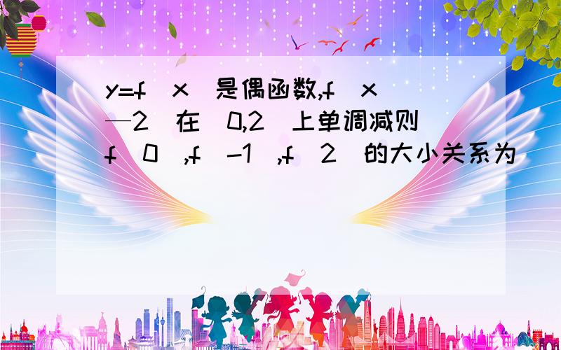 y=f（x）是偶函数,f（x—2）在[0,2]上单调减则f（0）,f（-1）,f（2）的大小关系为