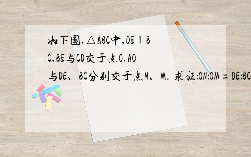 如下图,△ABC中,DE‖BC,BE与CD交于点O,AO与DE、BC分别交于点N、M. 求证：ON：OM=DE：BC请说出解答过程,谢谢.