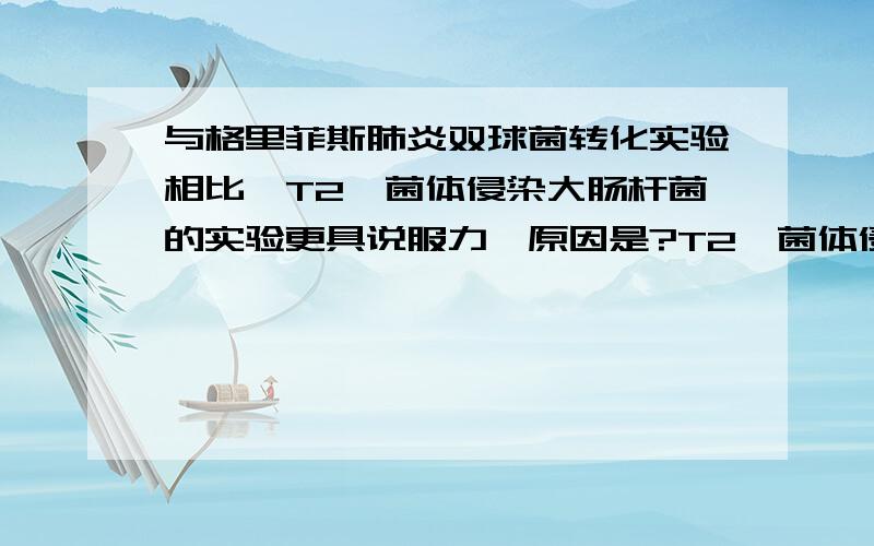 与格里菲斯肺炎双球菌转化实验相比,T2噬菌体侵染大肠杆菌的实验更具说服力,原因是?T2噬菌体侵染大肠杆菌的实验过程中，保温时间不宜过长，原因是？用被32P标记的噬菌体去侵染未被标记