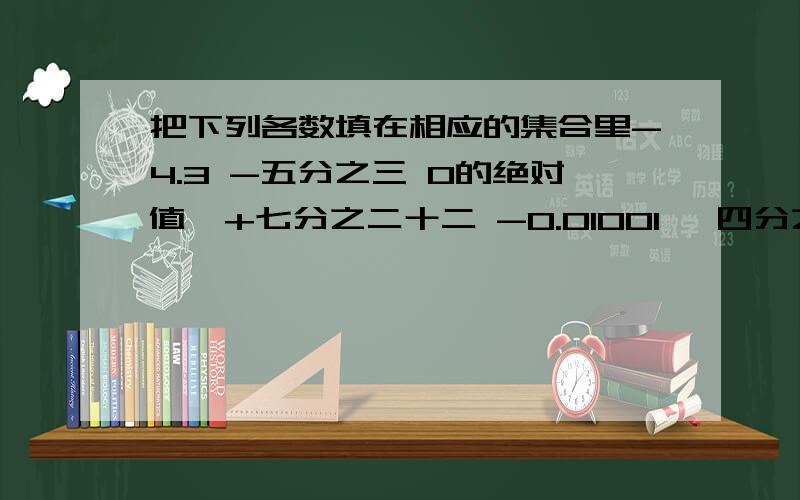 把下列各数填在相应的集合里-4.3 -五分之三 0的绝对值,+七分之二十二 -0.01001 —四分之三 —5 整数集合 分数集合 负数集合 非负整数集合